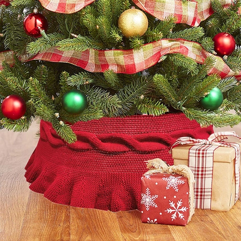 Collier De Sapin Noël Fibre Polyester Tricotée Torsadé Bord Volanté Panneaux Support Plastique Maison Bordeaux