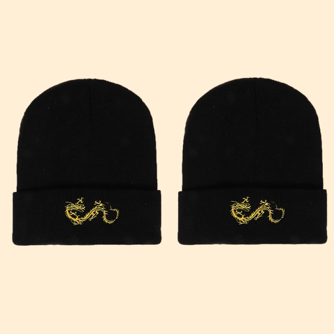 Winter Warm Knit Beanie Hat With Gold Dragon Embroidery Cuffed Acrylic Windproof Casual Skull Cap For Men Women