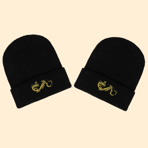 Winter Warm Knit Beanie Hat With Gold Dragon Embroidery Cuffed Acrylic Windproof Casual Skull Cap For Men Women