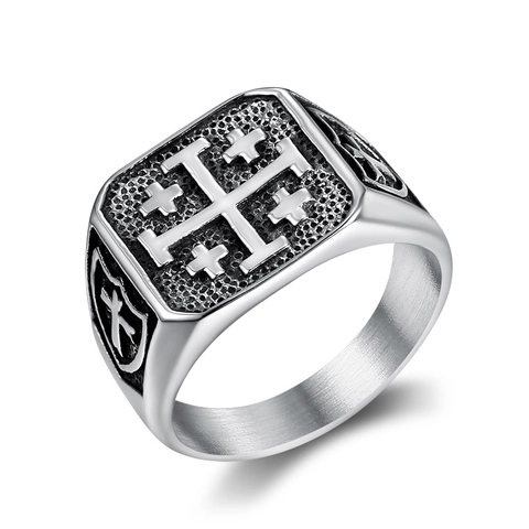 Anello Sigillo Croce Di Gerusalemme Acciaio Inossidabile 316L Retro Vintage Religioso Scudo Croce Per Uomini Donne