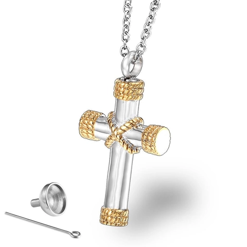 Stainless Steel Cross Urn Necklace For Ashes Cremation Jewelry Openable Memorial Pendant Rope Pattern Men Women Jewelry