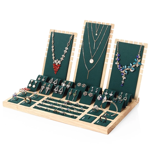 Wooden Jewelry Display Stand Set Bamboo Velvet Necklace Earring Ring Holder Showcase Storage Organizer Tray