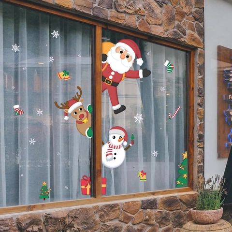 Pegatinas De Pared Ventana Navidad PVC Transparente Impermeable Extraíble Dibujos Animados Papá Noel Reno Muñeco De Nieve Nieve