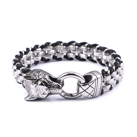 Men Wolf Head Bracelet Stainless Steel And Braided Genuine Leather Punk Gothic Viking Style Jewelry Accessories