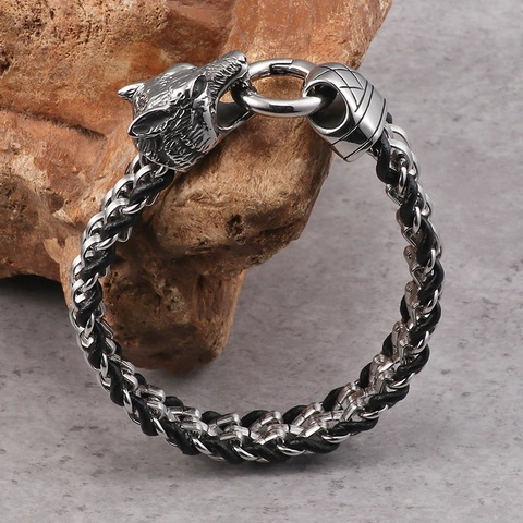 Men Wolf Head Bracelet Stainless Steel And Braided Genuine Leather Punk Gothic Viking Style Jewelry Accessories