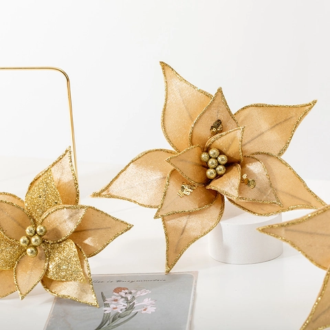 Christmas Artificial Poinsettia Flowers Velvet Cloth With Glitter Sequins Tree Ornaments Wreath Decoration Festive Party Home