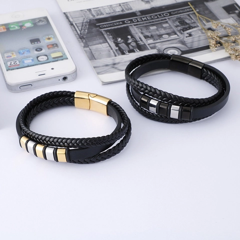 Herren Mehrlagiges Geflochtenes Lederarmband Mit Edelstahl Magnetverschluss Retro Punk Stil Lässiger Schmuck