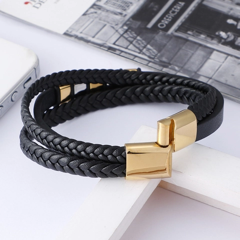 Herren Mehrlagiges Geflochtenes Lederarmband Mit Edelstahl Magnetverschluss Retro Punk Stil Lässiger Schmuck