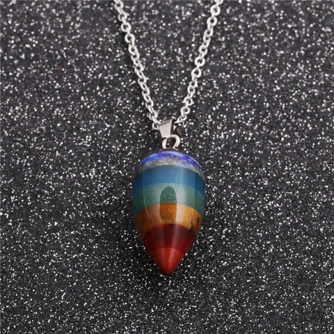 Sieben Chakra Naturstein Anhänger Halskette Für Damen Edelstahlkette Regenbogen Heilkristall Edelstein Sechseckige Säule Wassertropfen Kegel Schmuck