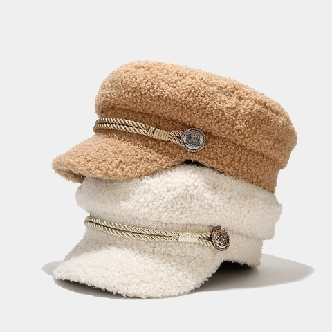 Berretto Newsboy Lana Di Agnello Sherpa Pile Caldo Spesso Cappello Baker Boy Con Corda Intrecciata E Bottone In Metallo