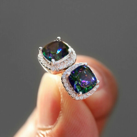 Square Cushion Cut Rainbow Mystic Topaz Stud Earrings Copper Colorful Zircon Halo Sparkly Fashion Jewelry For Women Girls