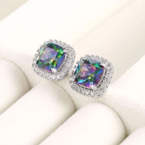 Square Cushion Cut Rainbow Mystic Topaz Stud Earrings Copper Colorful Zircon Halo Sparkly Fashion Jewelry For Women Girls