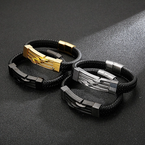 Men Genuine Leather Braided Bracelet Stainless Steel Geometric Magnetic Clasp Retro Punk Industrial Style Jewelry
