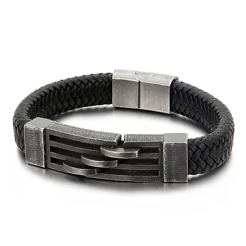 Men Genuine Leather Braided Bracelet Stainless Steel Geometric Magnetic Clasp Retro Punk Industrial Style Jewelry