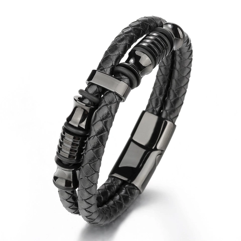 Bracciale Da Uomo In Pelle Intrecciata Multistrato Con Chiusura Magnetica In Acciaio Inossidabile Gioielli Punk