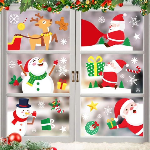Autocollants Fenêtre Noël Adhésion Statique PVC Père Noël Renne Flocons Neige Décalcomanies Verre Décoration Fête