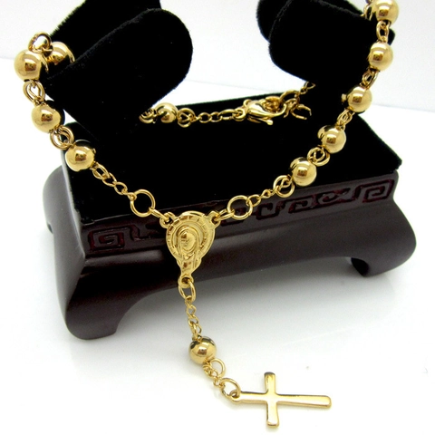 Stainless Steel Rosary Bracelet Religious Cross Virgin Mary Medal Polished Bead Chain Adjustable Jewelry For Women