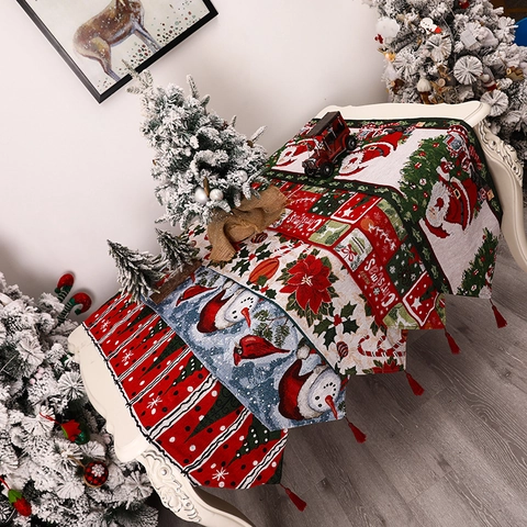 Weihnachten Jacquard Gewebter Tischläufer Mit Quasten Weihnachtsmann Schneemann Rentier Muster Feiertag Tischdekoration Home Party