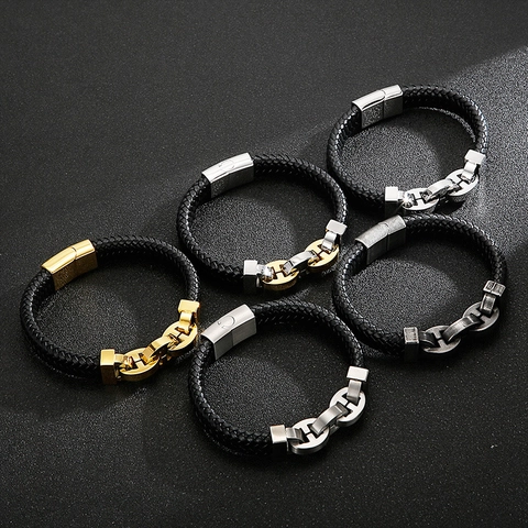 Braided Leather Bracelet Stainless Steel Interlocking Chain Magnetic Clasp Trendy Jewelry For Men