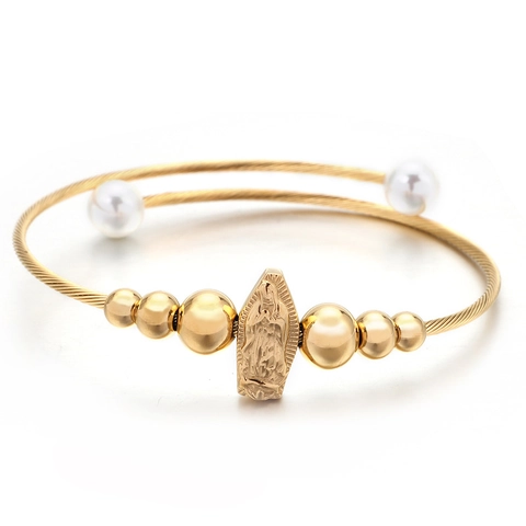 Stainless Steel Bangle Our Lady Of Guadalupe Virgin Mary Pendant Cable Wire Open Bracelet White Faux Artificial Pearl Religious Jewelry
