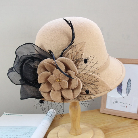 Damen Wollfilz Glockenhut Mit Eleganter Blume Netzschleier Und Feder Retro Britischer Stil Vintage Winter Melone Warm
