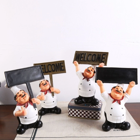 Nordic Style Synthetic Resin Chef Ornaments With Welcome Sign Blackboard For Cafe Restaurant Decorative Tabletop Figurine