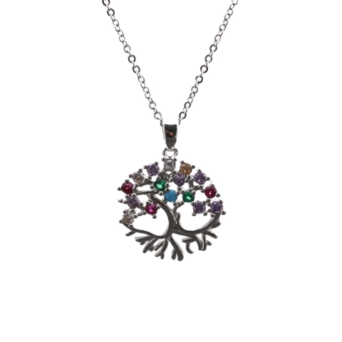 Collier Pendentif Rond Arbre De Vie Cuivre Avec Zircon Coloré Micro Pavé Bijoux Pour Femmes Accessoires Élégants