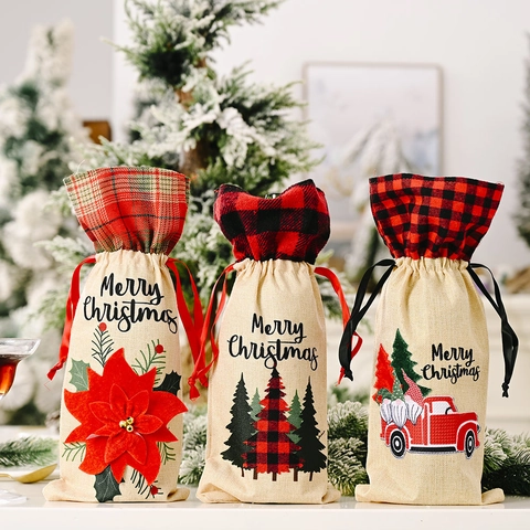 Christmas Wine Bottle Cover Linen Burlap Plaid Drawstring Bag Holiday Dining Decor Merry Christmas Print Gnome Truck
