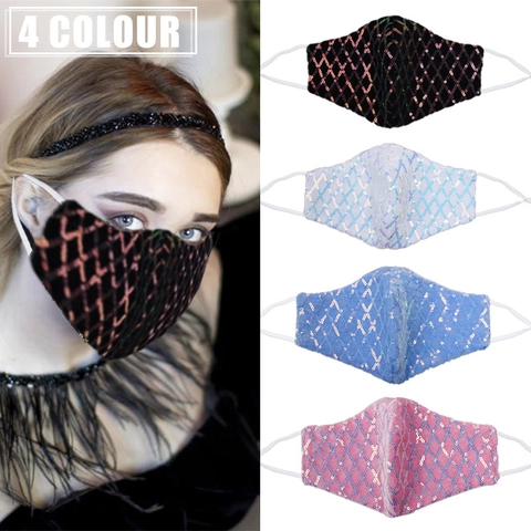 Masque Facial À Paillettes Mode Motif Diamant Brillant Dentelle Coton Respirant Boucle D'oreille Réglable Décoratif Anti-Poussière