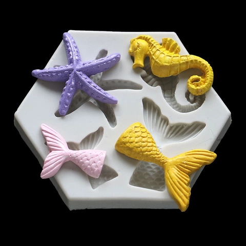 Ocean Theme Silicone Mold For Fondant Cake Decoration Sea Horse Starfish Mermaid Tail DIY Baking Chocolate