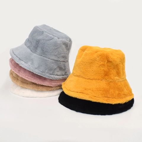 Faux Fur Bucket Hat Winter Warm Plush Solid Color Outdoor Fisherman Hat For Women Soft
