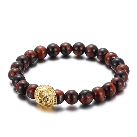 Bracciale In Perle Di Pietra Naturale Occhio Di Tigre Agata Nera Con Ciondolo A Teschio In Acciaio Inossidabile Gioielli Punk Uomo