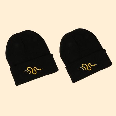 Knitted Beanie Hat With Snake Embroidery Warm Acrylic Winter Cuffed Skull Cap For Men And Women Streetwear Style