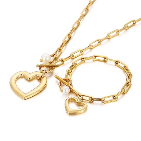 Stainless Steel Heart Pendant Necklace And Bracelet With Faux Artificial Pearl Paperclip Chain Chic Toggle Clasp For Women