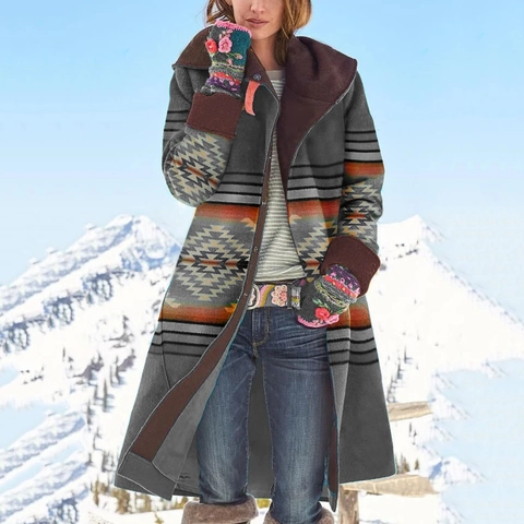 Manteau en Laine Long Imprimé Géométrique Vintage pour Femmes Veste Coupe-vent à Capuche Épaisse Hiver Manches Longues Top