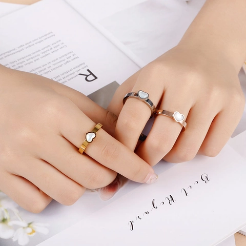 Heart Ring Stainless Steel White Mother Of Artificial Pearl Shell Inlay Minimalist Fashion Jewelry For Women Elegant Jewelry Gift