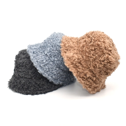 Women Faux Lambswool Bucket Hat Warm Thickened Plush Fisherman Hat Solid Color Winter Outdoor Windproof Soft
