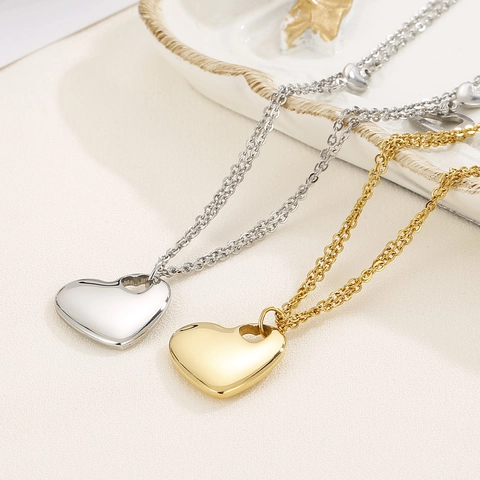 Double Layer Chain Heart Pendant Necklace And Bracelet Gold Plated Stainless Steel Polished Heart Jewelry Women