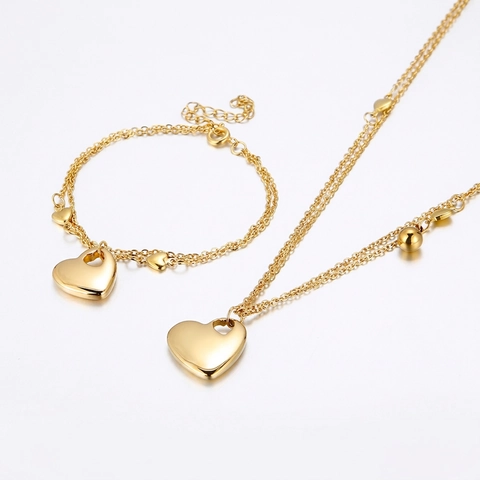Double Layer Chain Heart Pendant Necklace And Bracelet Gold Plated Stainless Steel Polished Heart Jewelry Women