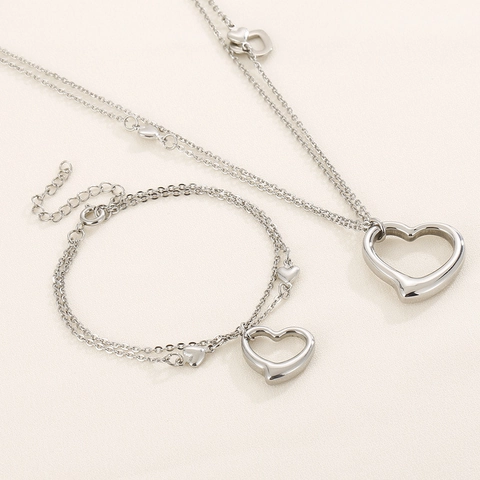 Stainless Steel Heart Pendant Necklace And Bracelet Jewelry Set Double Layer Chain For Women Polished Fashion Trendy