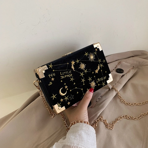 Velvet Celestial Embroidery Box Crossbody Bag With Gold Chain Moon Star Vintage Evening Handbag For Women