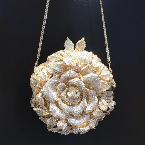 Borsa Da Sera Rosa Fiore Strass Lega Di Metallo Pochette Rotonda Con Catena Per Banchetto Matrimonio Festa Lusso
