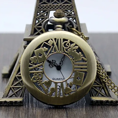 Vintage Hollow Engraved Pocket Watch Antique Bronze Alloy Fairy Tale Wonderland Theme With Long Chain Quartz Flip Cover Retro