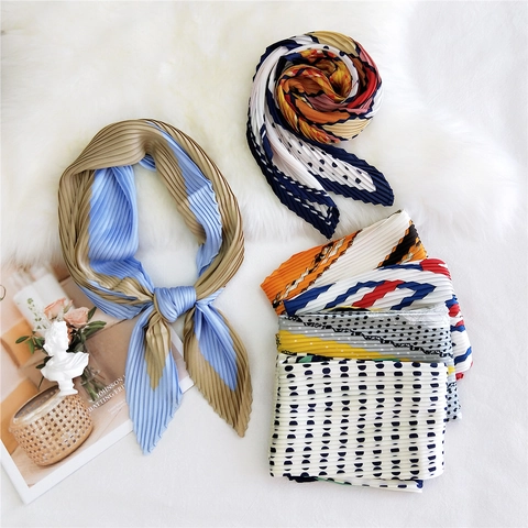 Women Pleated Square Scarf French Retro Geometric Polka Dot Print Polyester Satin Like Neck Scarf For Bag Decoration Hair Band