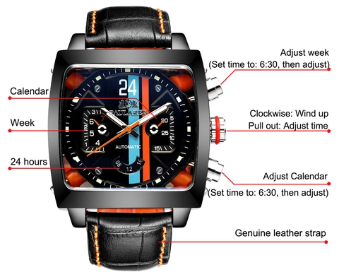 Men Automatic Mechanical Watch Square Alloy Case Genuine Leather Strap Luminous Multi-Function Racing Style Sports Wristwatch