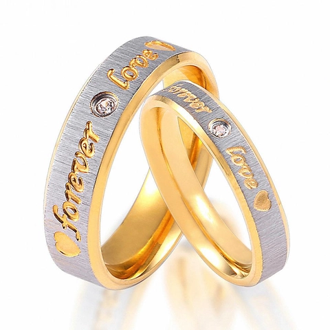 Stainless Steel Forever Love Heart Couple Ring Gold Silver Plated Rhinestone Inlaid Brushed Finish Wedding Band Jewelry