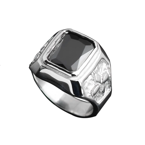 Men Retro Stainless Steel Signet Ring Rectangular Black Faux Onyx Gemstone Gothic Cross Relief Punk Fashion Jewelry