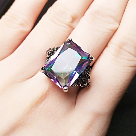 Vintage Mehrfarbiger Mystic Topas Ring Für Damen Großer Rechteckiger Geometrischer Edelstein Kupfer Verstellbarer Offener Schmuck