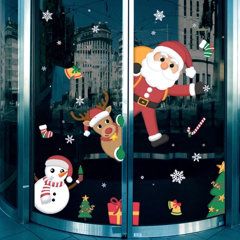 Pegatinas De Pared Ventana Navidad PVC Transparente Impermeable Extraíble Dibujos Animados Papá Noel Reno Muñeco De Nieve Nieve
