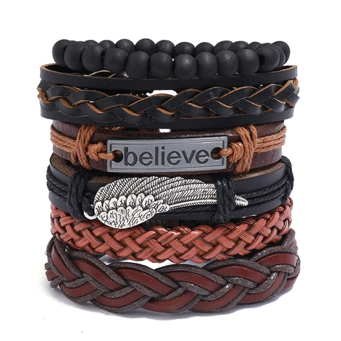 Vintage Multi Layer Woven Bracelet Cowhide Leather PU Alloy Believe Plate Feather Charm Retro Punk Jewelry Unisex